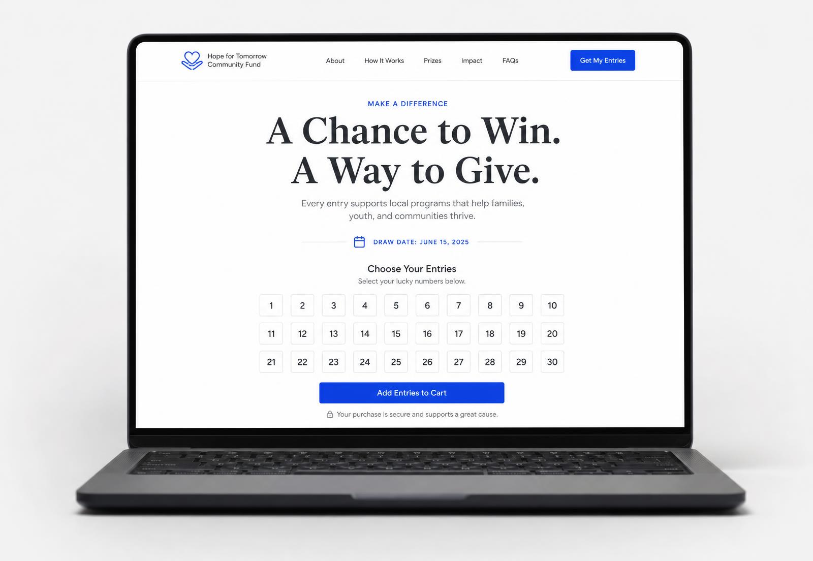 Concept design of a fundraising raffle campaign website shown on a laptop